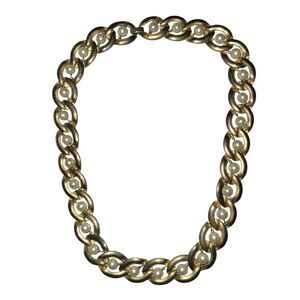 Vintage faux pearl gold tone link chain necklace 18"